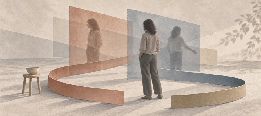 A person standing among translucent panels, each showing a different version of themselves